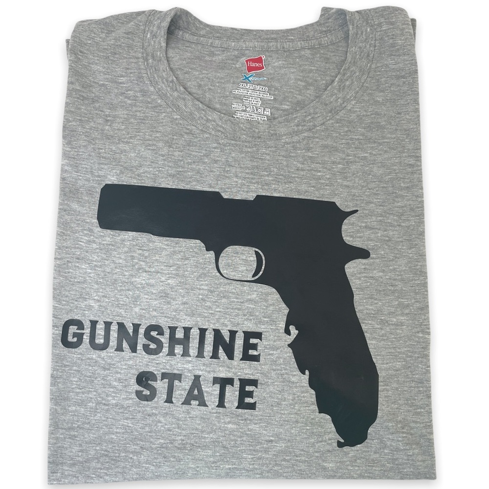 Hanes Gray T-Shirt Florida Gunshine State Short Sleeve Map Gun Shape Men's 2XL